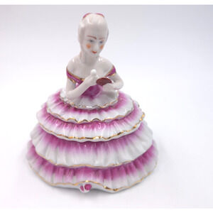 VTG Porcelain Trinket Powder Box Lady Pink & Gold Trim Dress Vanity Trinket Box